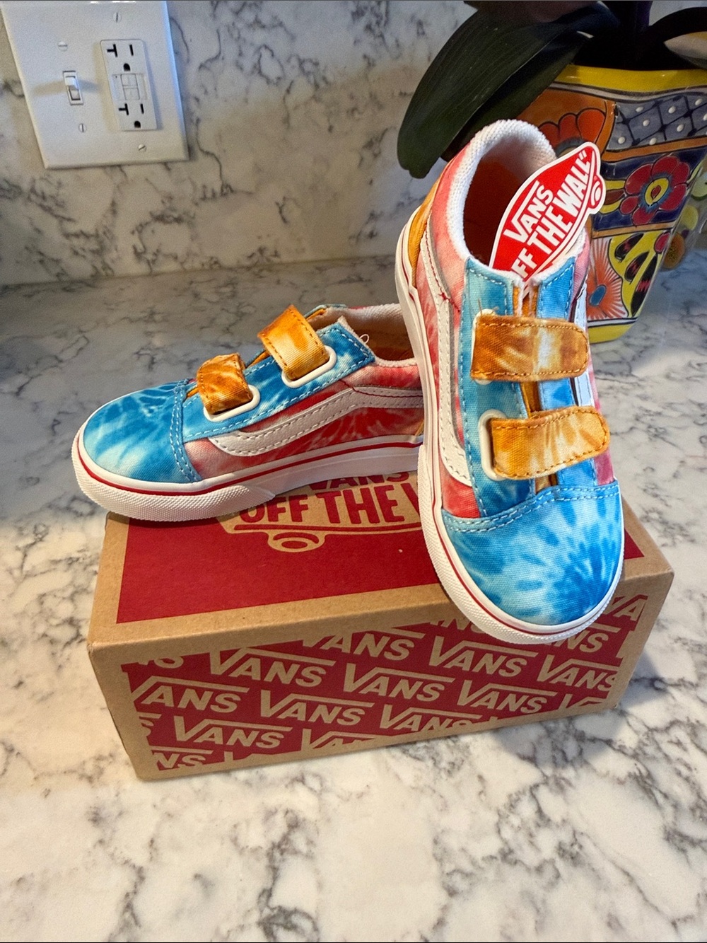 Vans Kids Tie-Dye Slip-On Sneakers with Velcro Straps - Blue/Orange/Red
